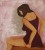 femme assise sur une banquette de 3/4 de dos. elle porte une nuisette bordeaux. le fond est rose et blanc et laisse apparaitre la toile brune.