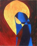 une femme stylisée porte un voile bleu et une robe rouge comme le fond du tableau. son visage est jaune et orange comme une flamme et se confond avec une bulle de lumière qui est derrière elle.