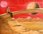 femme sur une arche naturelle en pierre ocre. paysage de désert ocre. le ciel est rouge vif et une planète orangée est visible dans le ciel